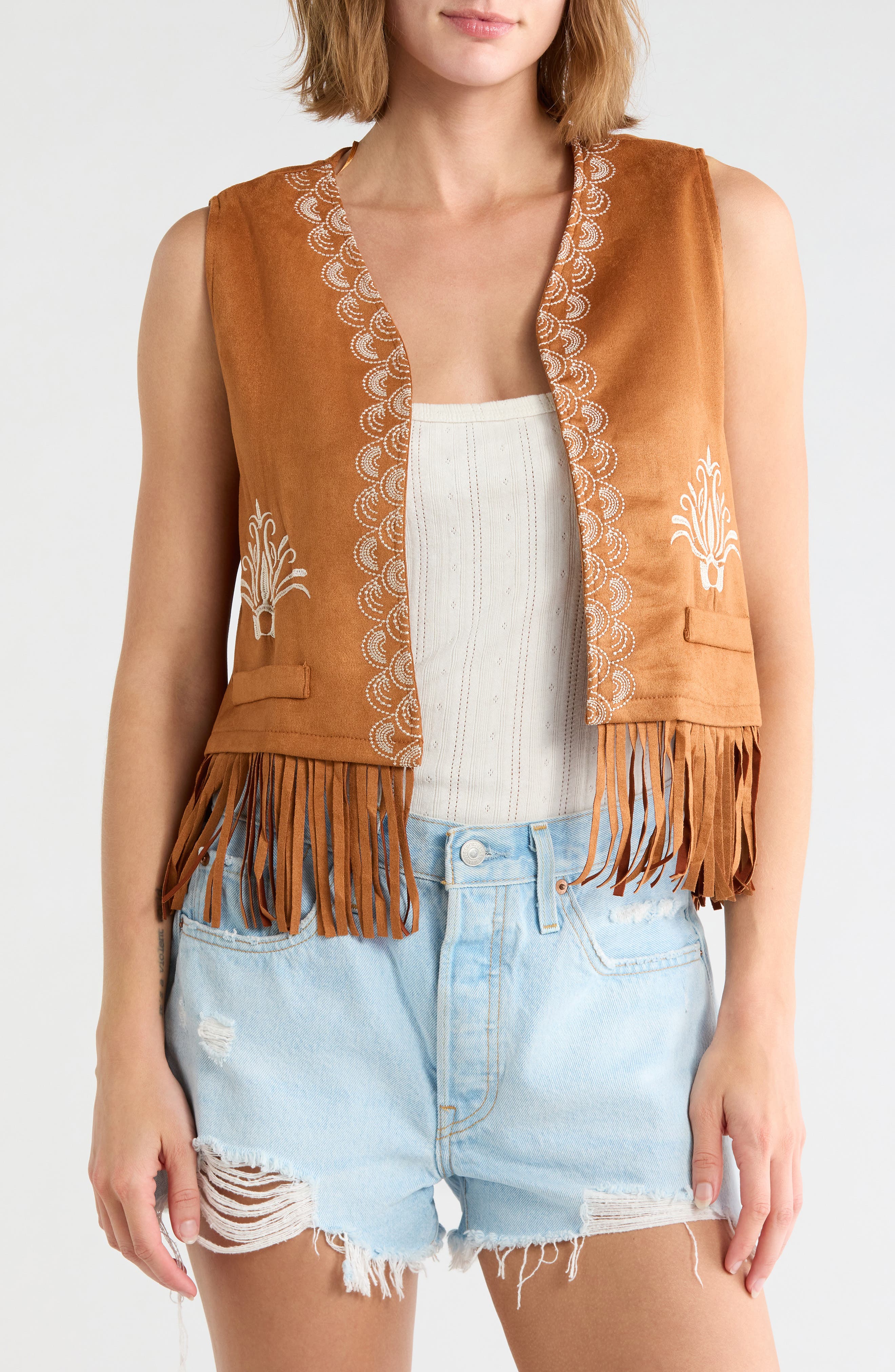Embroidered Fringe Faux Suede Vest