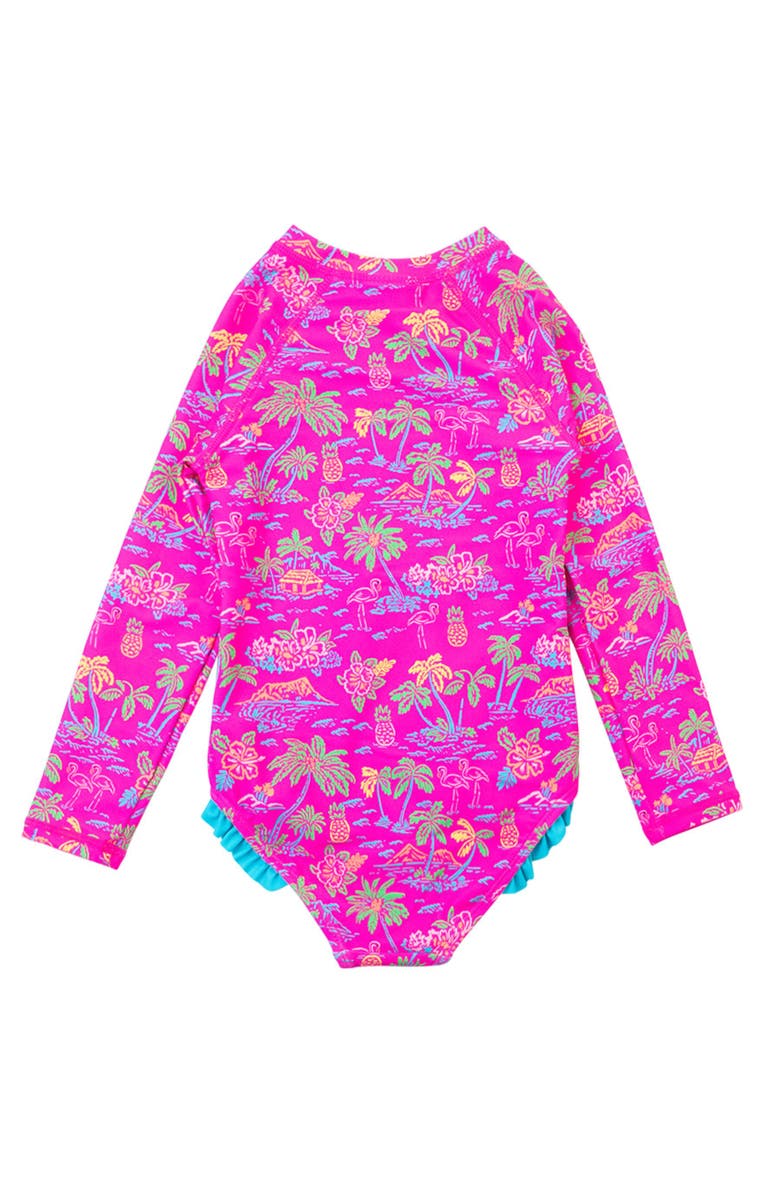 RuffleButts Girls UPF50+ Sun Protection Long Sleeve Rash Guard One Piece, Alternate, color, Neon Island Time