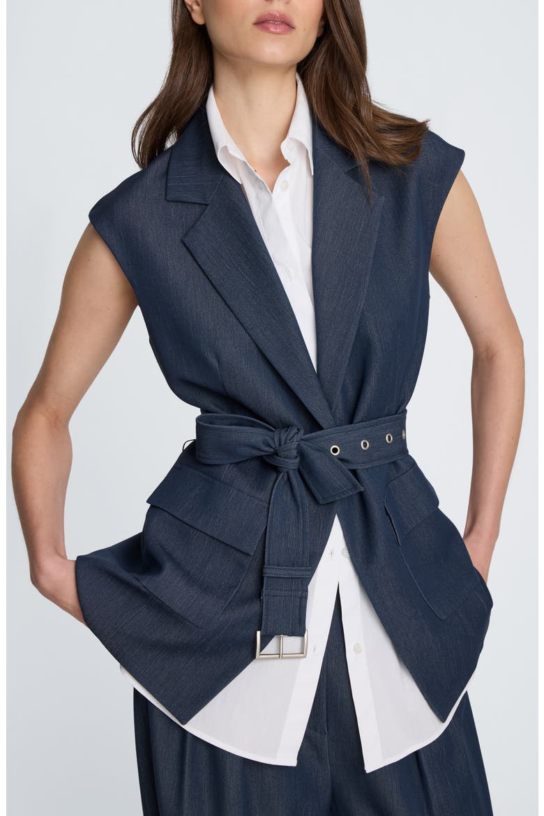 Belted Stretch Denim Vest with Removable Shirt Inset, Main, color, MIDNIGHT MELANGE/ PURE WHITE