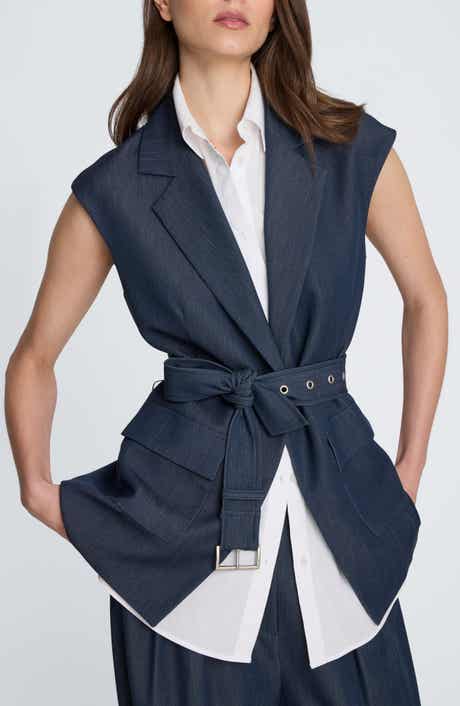 Belted Stretch Denim Vest with Removable Shirt Inset