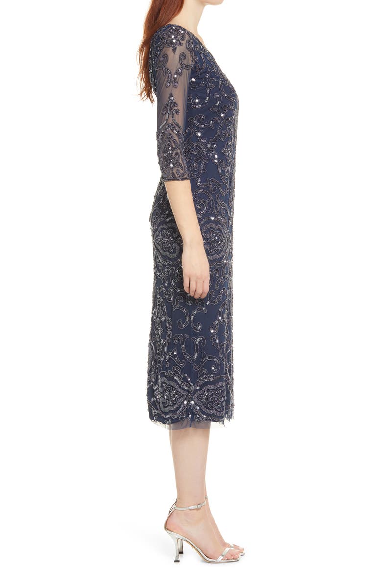 Sequin & Beaded Cocktail Sheath Dress, Alternate, color, SLATE 421
