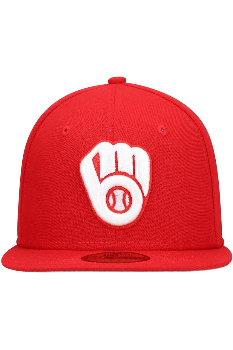 Men's New Era Red Milwaukee Brewers White Logo 59FIFTY Fitted Hat, Alternate, color, Red