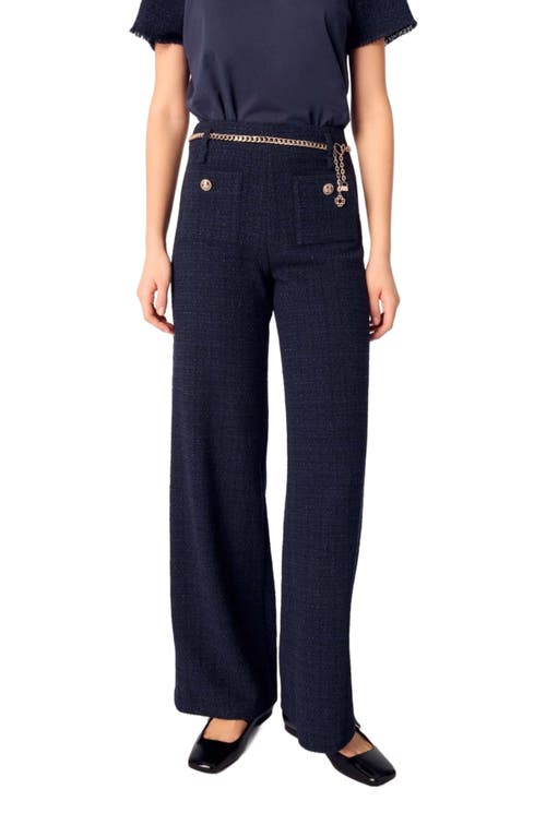 Maje Tweed Trousers With Chain Belt In Navy