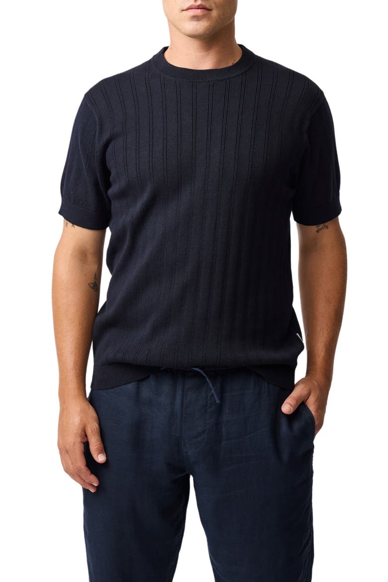 Canning Street Short Sleeve Stripe Cotton & Hemp Crewneck Sweater, Main, color, MIDNIGHT