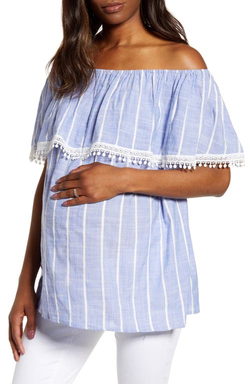 Fourteenth Place Cha Cha Off the Shoulder Maternity Top in Chambray Stripe 