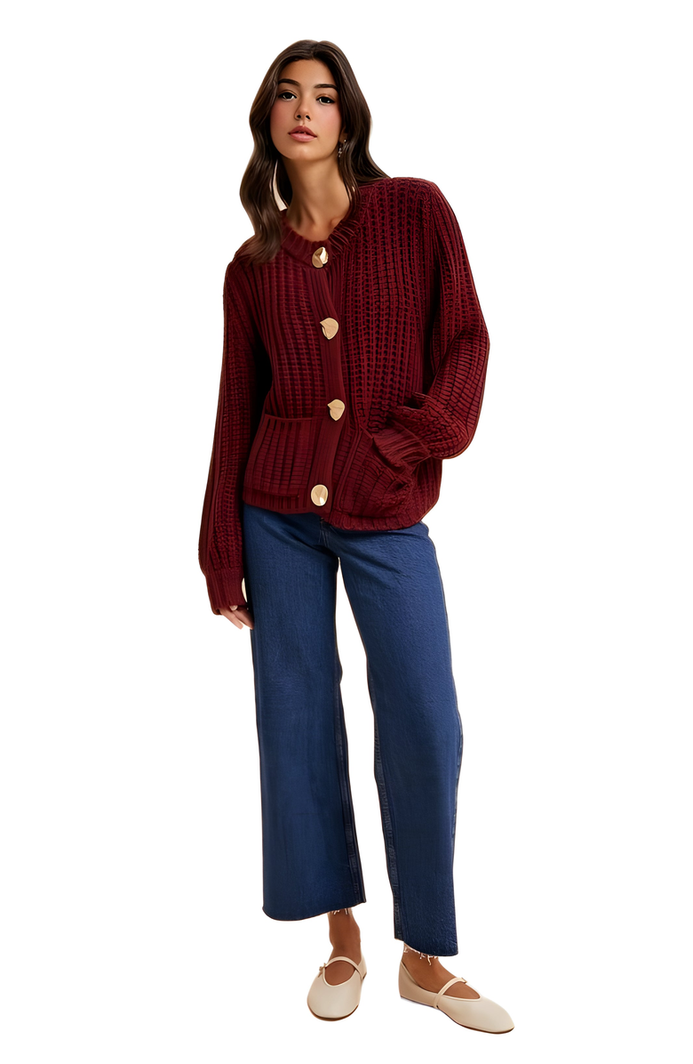 Knit and Lounge Chunky Knit Cardigan with Gold Buttons and Front Pockets, Main, color, Wine Red