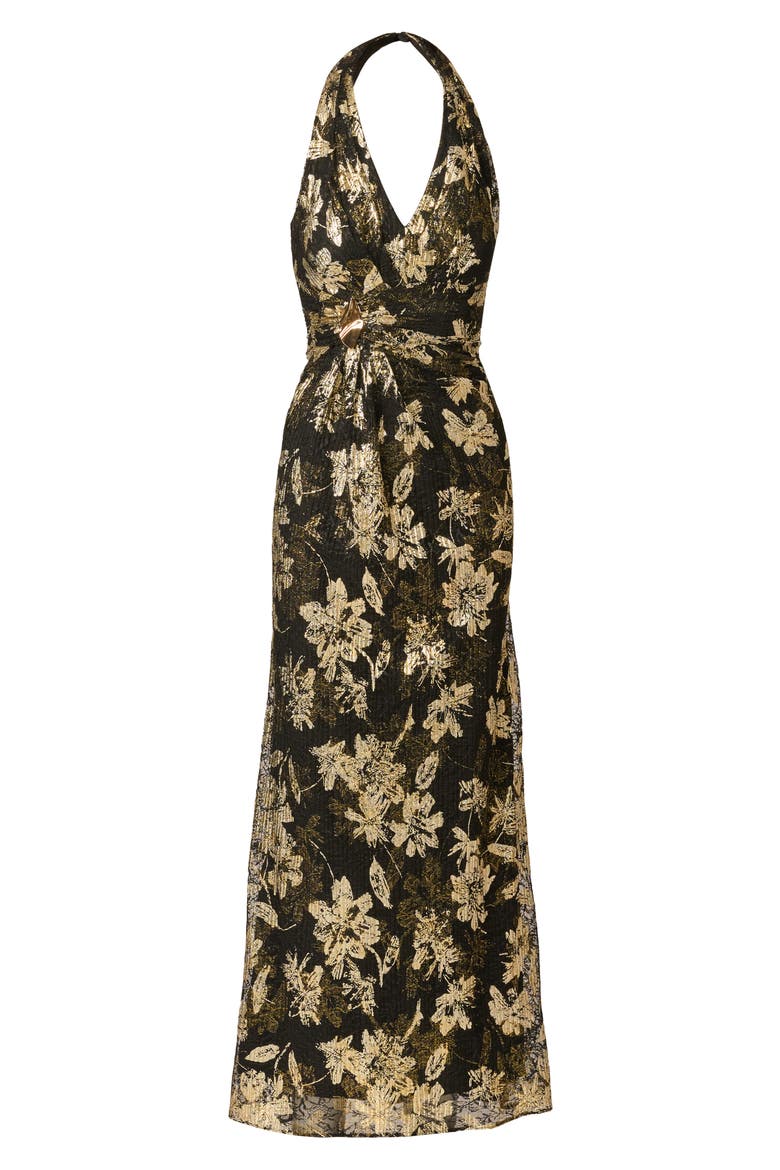 Metallic Lace Shirred Halter Gown, Alternate, color, BLACK/ GOLD