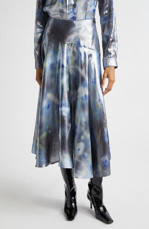 O-Zulie-S2 Foiled Georgette Midi Skirt