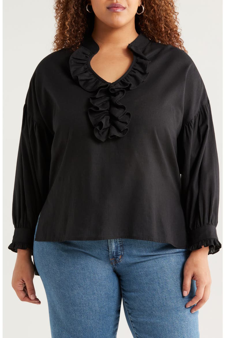 Cordelia Ruffle Cotton & Linen Top, Main, color, BLACK