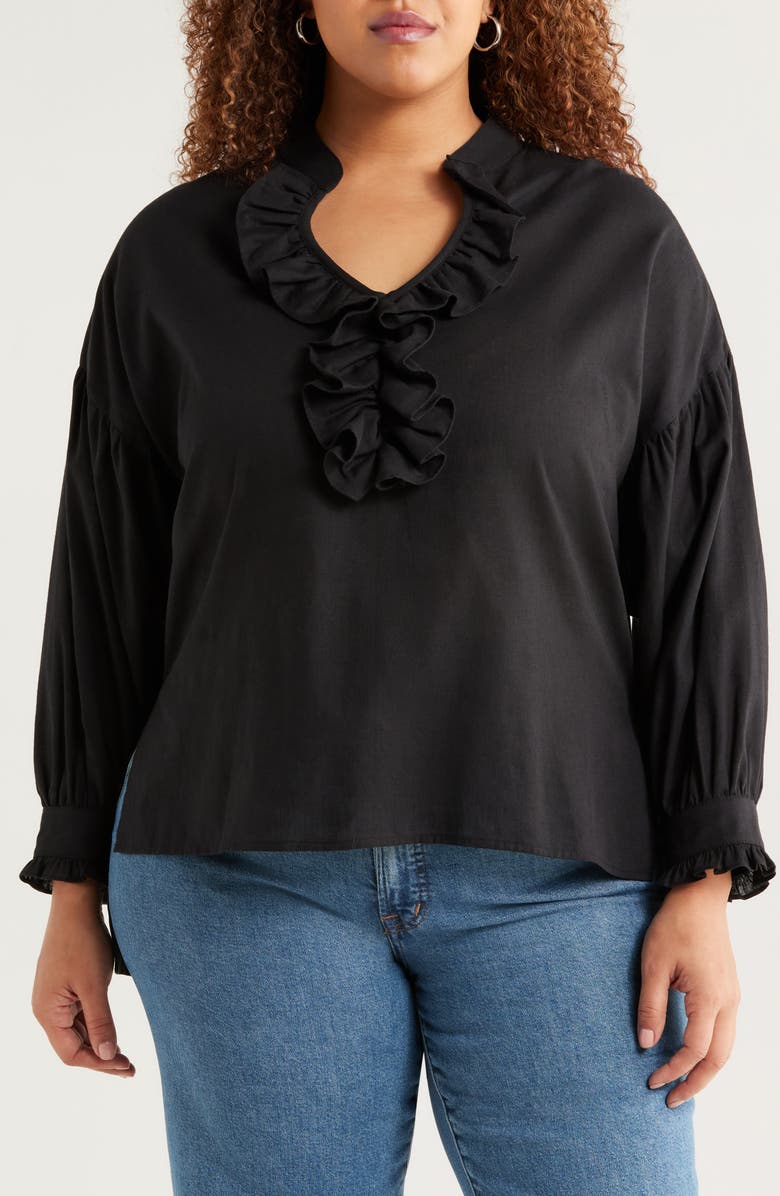 HARSHMAN Cordelia Ruffle Cotton & Linen Top, Main, color, Black