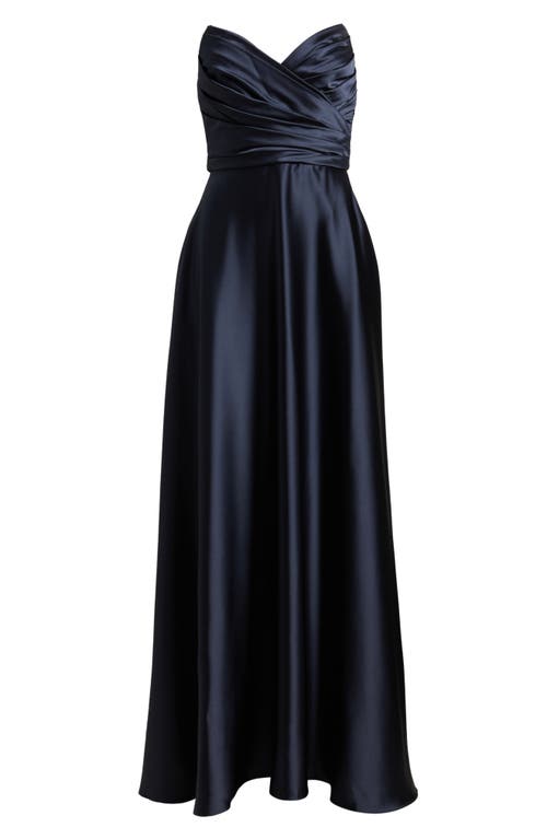 Amsale Strapless Satin Gown In Navy