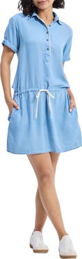 Reistor Drawstring Denim Shirt Dress with Front Buttons in Blue
