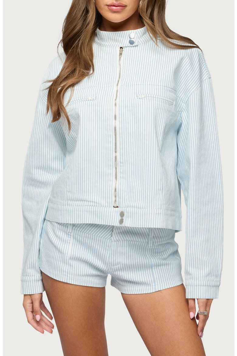 Myah Pinstripe Moto Jacket, Main, color, WHITE-AND-BLUE
