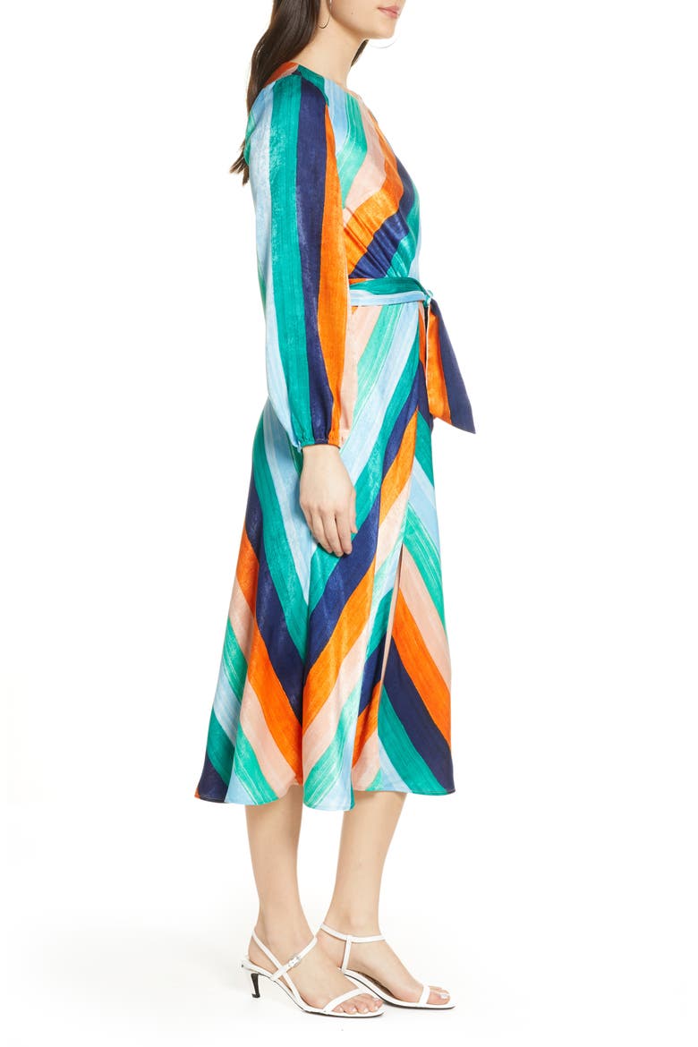 Sunset Skies Long Sleeve Stripe Satin Midi Dress, Alternate, color, SUNSET
