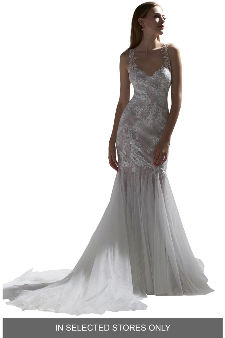 Walcott Open Back Lace Wedding Dress, Main, color, IVORY/ SUNKISS