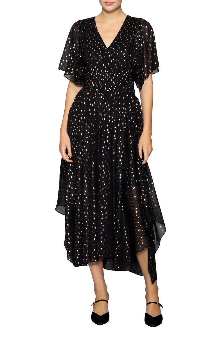 Metallic Smocked Waist Chiffon Maxi Dress, Main, color, BLACK GOLD