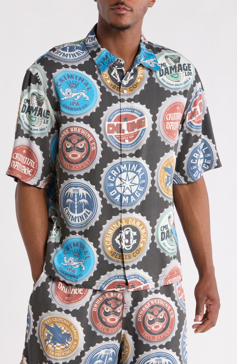 CRIMINAL DAMAGE Bottle Cap Button Front Shirt, Alternate, color, Black Multi