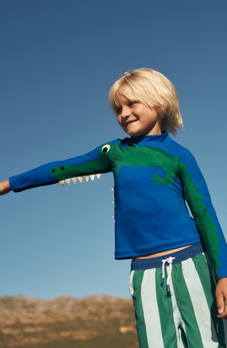 Mini Boden Kids' Appliqué Long Sleeve Rashguard, Alternate, color, Blue Croc
