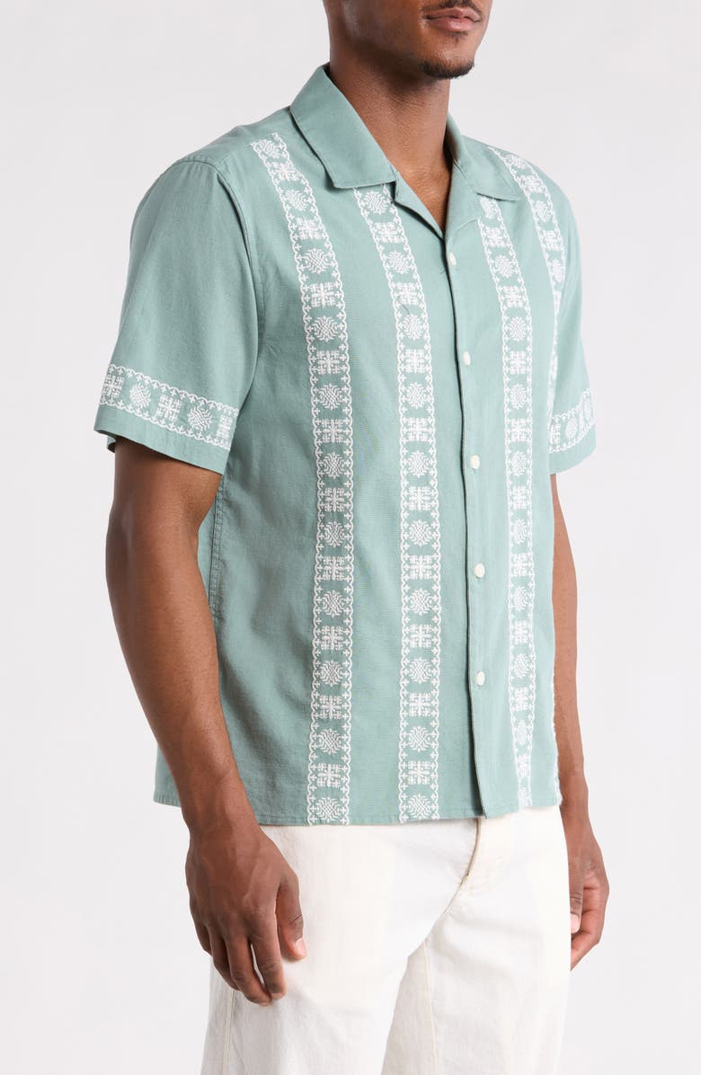 Wax London Didcot Embroidered Cotton & Linen Camp Shirt, Alternate, color, Sea Green / Ecru