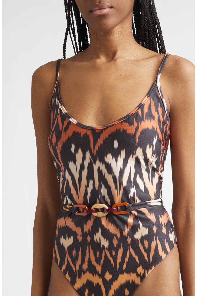 Aster Belted One-Piece Swimsuit, Alternate, color, CHARCOAL IKAT