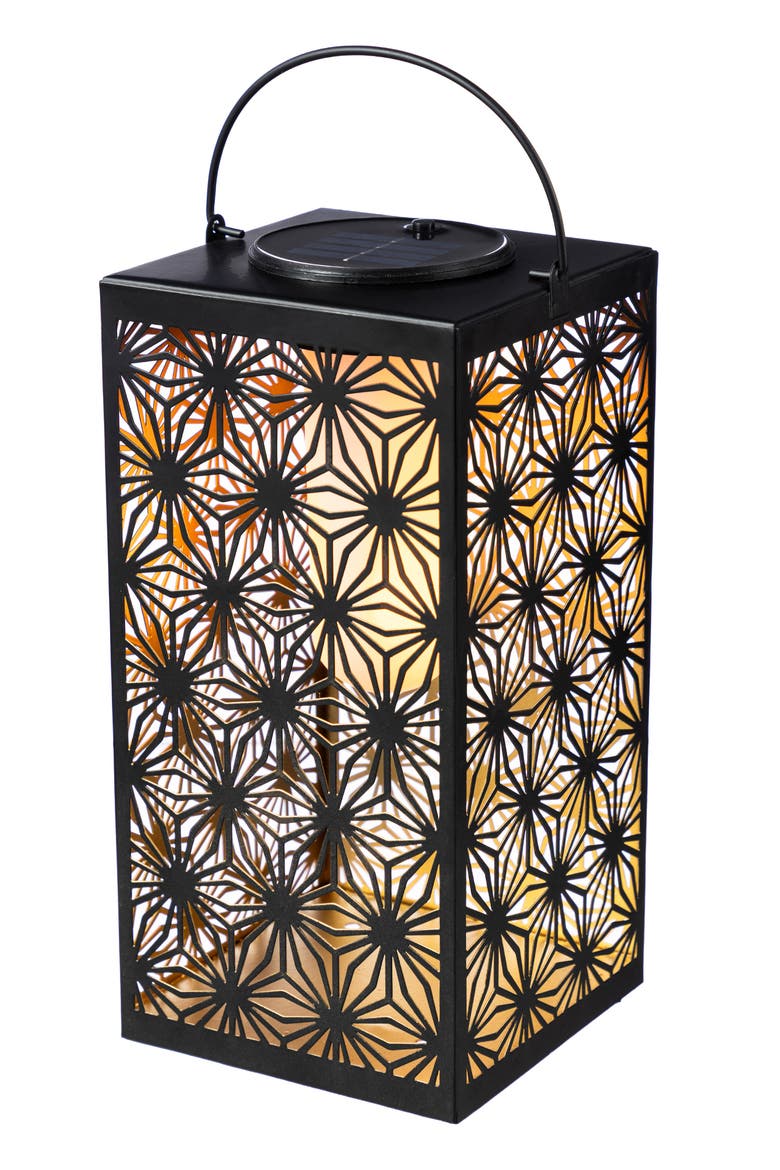 Metal Cutout Pattern Solar Powered Hanging Lantern with LED Light, Main, color, Black