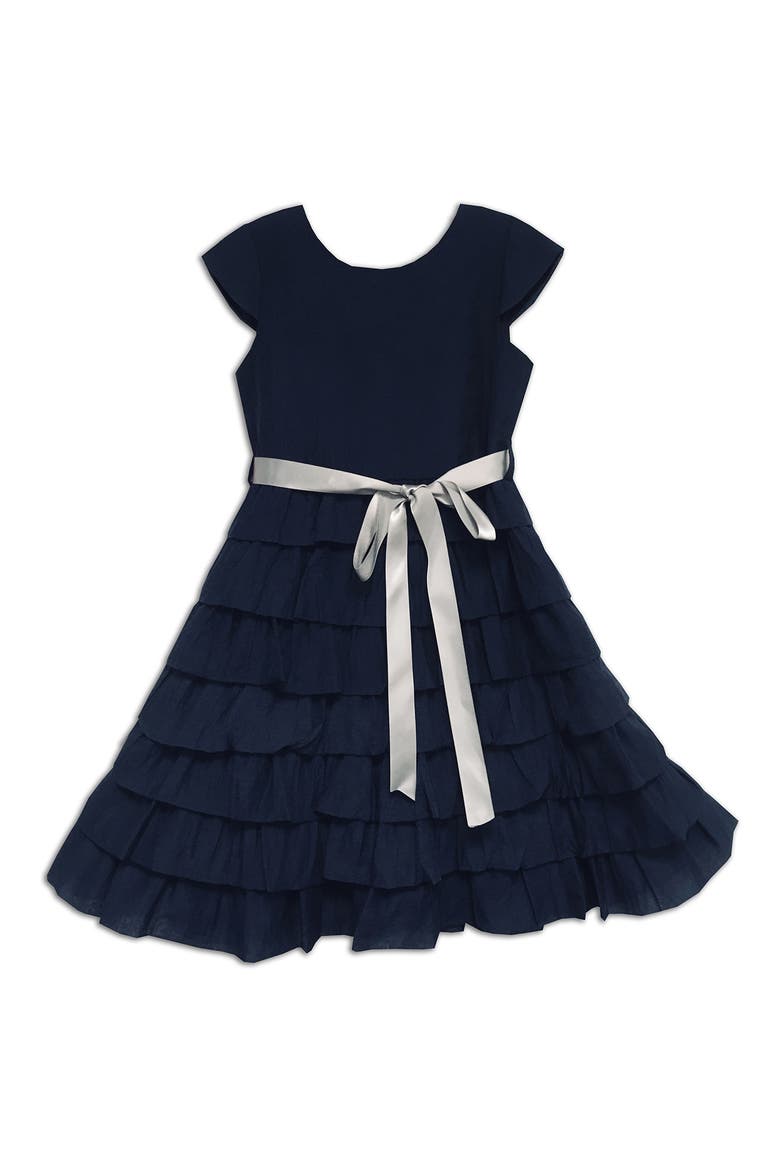 Kids' Tiered Ruffle Dress with Bow, Main, color, NAVY