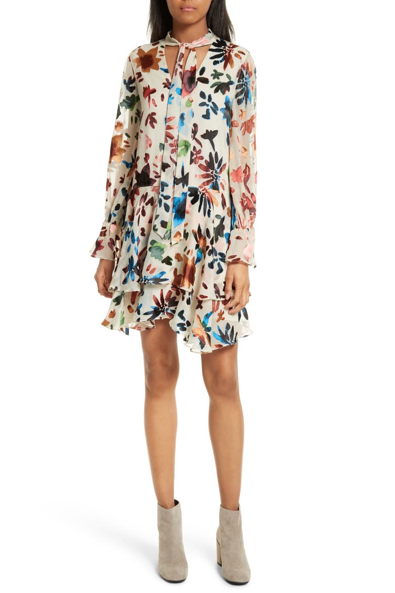 Moran Tiered Floral A-Line Dress, Main, color, PRISMA FLORAL BURNOUT