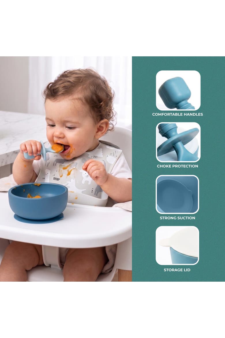 Silicone Suction Bowl Set with Lids, Adjustable Bibs, Teething Toys, BPA Free, Dishwasher & Freezer Safe, Alternate, color, Blue
