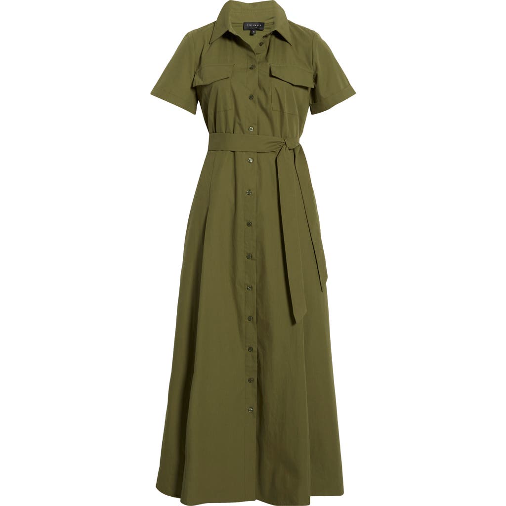 Ted Baker Box Pleat Tie Belt Cotton Maxi Shirtdress In Green