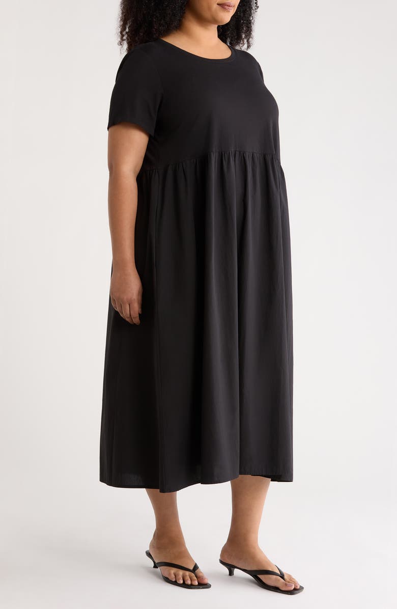 Eileen Fisher Mixed Media Organic Cotton Midi Dress, Alternate, color, Black