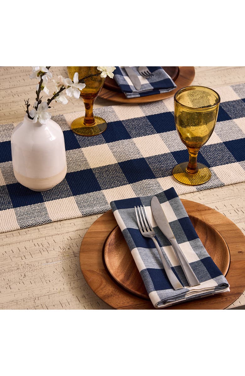 Design Imports Checkered Fringe Cotton Table Runner, Alternate, color, Blue