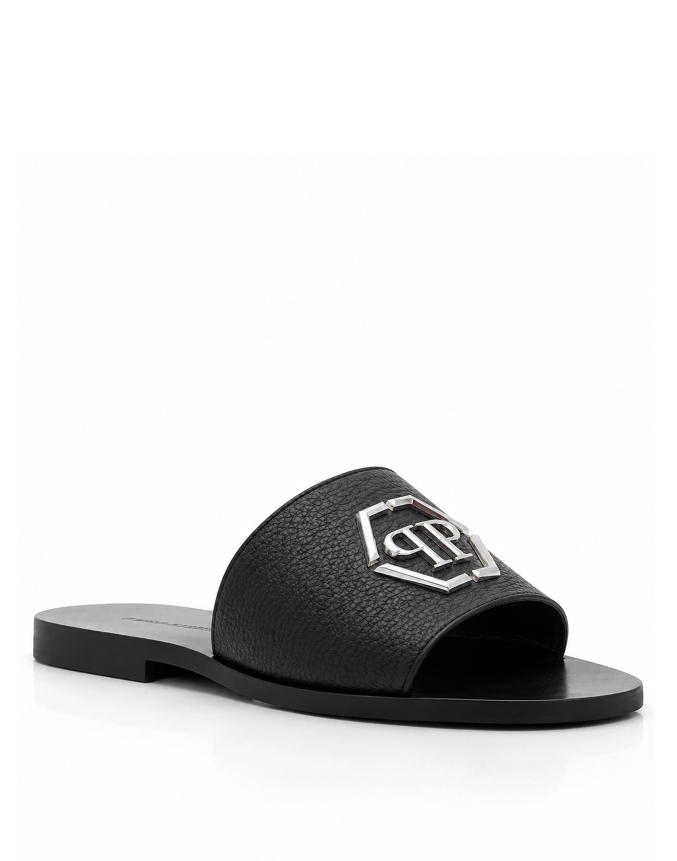 Leather Sandals Big Hexagon Men, Main, color, black