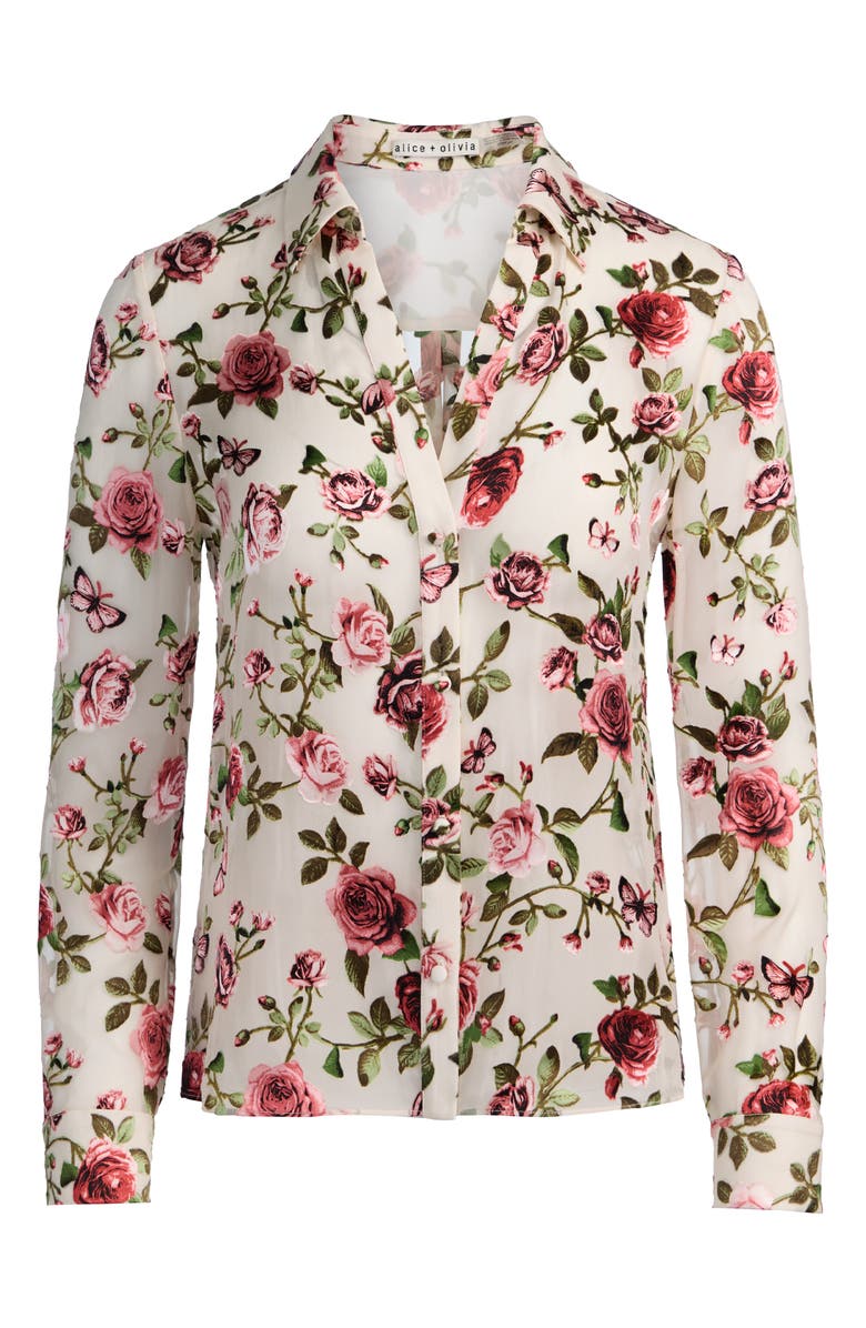 Alice + Olivia Eloise Floral Silk Button-Up Shirt, Alternate, color, Garden Gossip Off White
