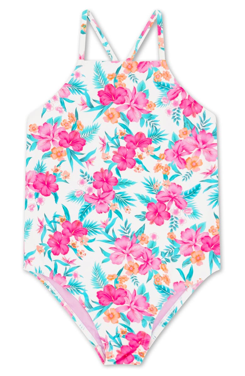 Feather 4 Arrow Kids' High Tide UPF 50+ One-Piece Swimsuit, Main, color, White Multi