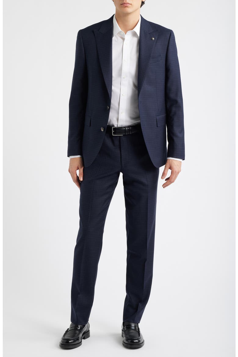 Engel Navy Microcheck Peak Lapel Wool Suit, Main, color, NAVY