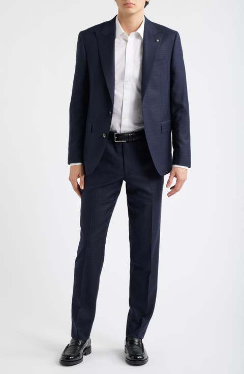 Engel Navy Microcheck Peak Lapel Wool Suit