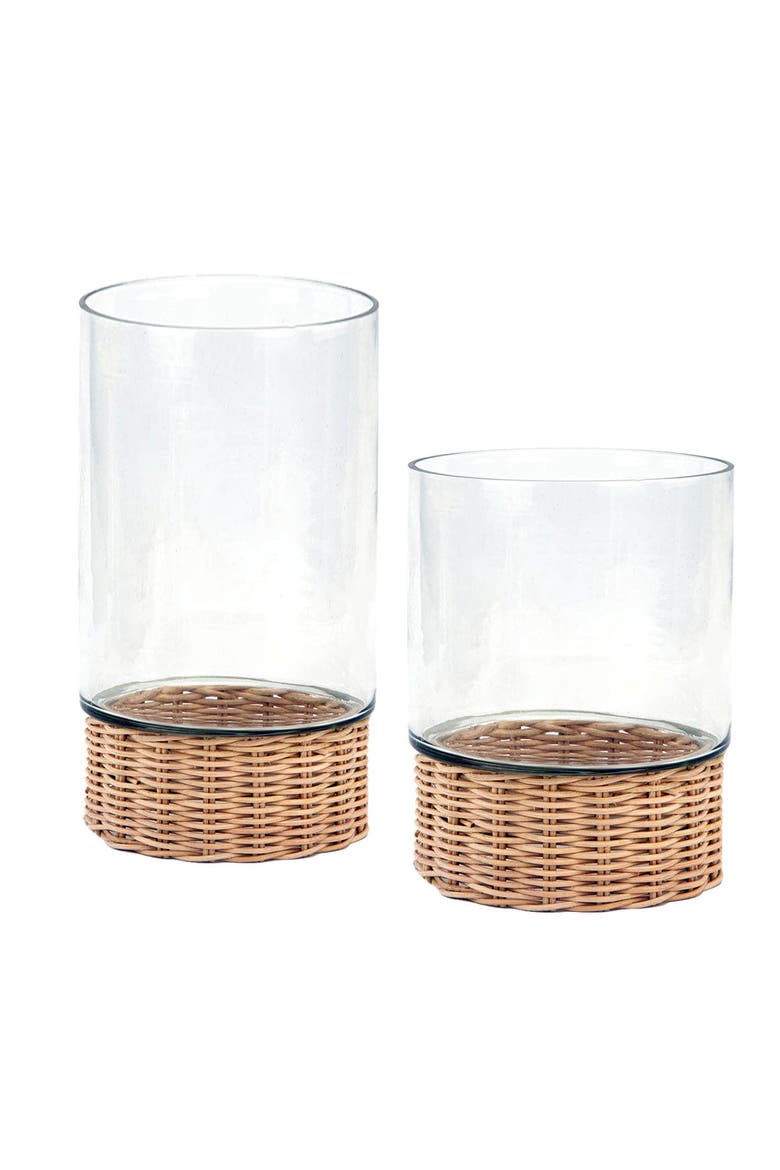 Clear Glass and Rattan Candleholder, Alternate, color, Glass Wide