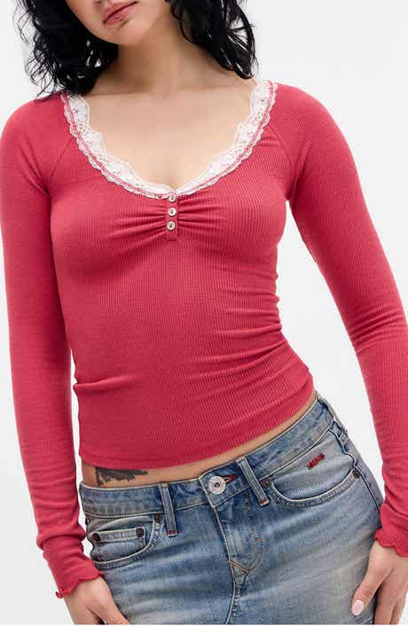 BDG Urban Outfitters Diana Lace Trim Crop Rib Knit Henley