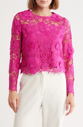 Milly Nori Floral Lace Long Sleeve Crop Top In Pink