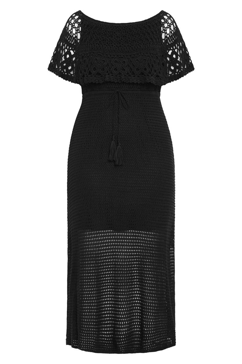 Callie Open Stitch Tie Waist Off the Shoulder Maxi Dress, Alternate, color, BLACK