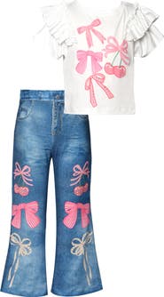Sara Sara Kids' Bow Print 2-Piece Top & Pants Set