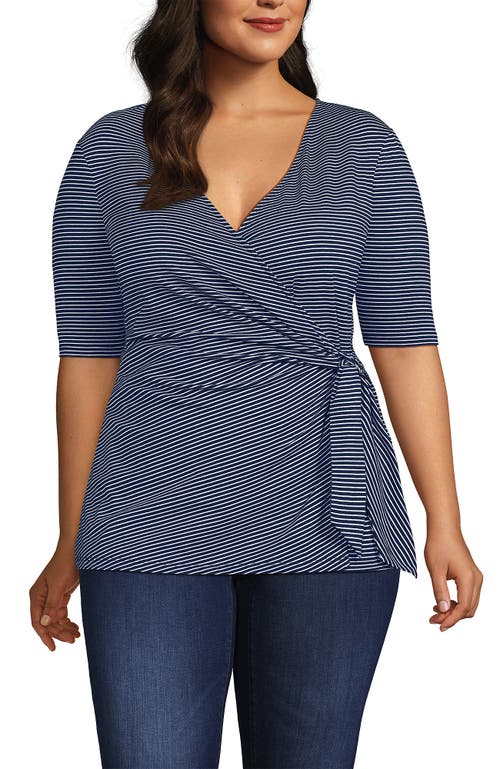 Lands' End Plus Size Elbow Sleeve Lightweight Jersey Side Tie Blouse In Deep Sea Navy Tiny Stripe