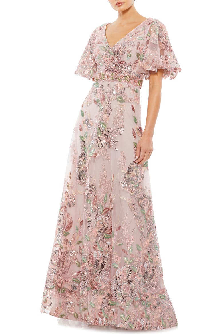 Floral Embellished Short Sleeve Faux Wrap Gown, Main, color, ROSE PINK