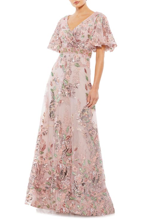 Floral Embellished Short Sleeve Faux Wrap Gown