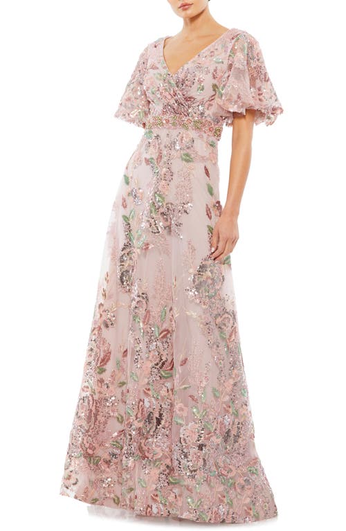 Mac Duggal Floral Embellished Short Sleeve Faux Wrap Gown in Rose Pink at Nordstrom, Size 18