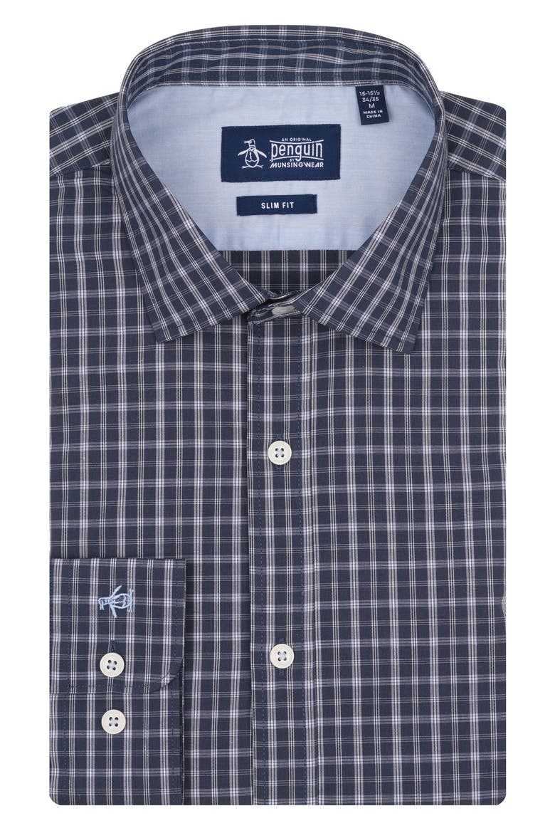 Camden Plaid Stretch Cotton Slim Fit Dress Shirt, Main, color, NAVY
