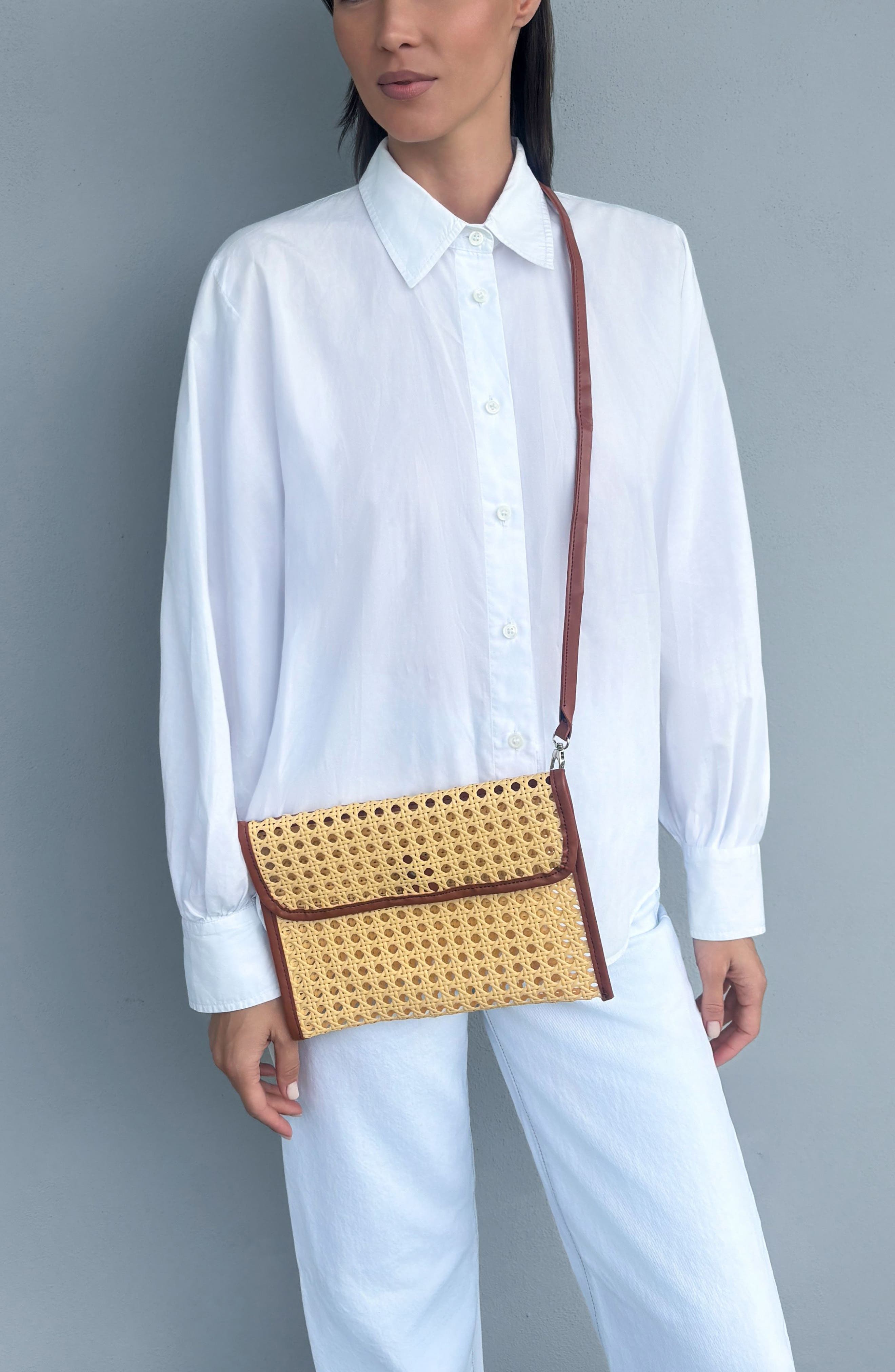 Rattan & Faux Leather Clutch, Alternate, color, BROWN/ TAN
