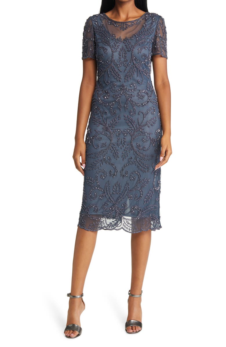 Pisarro Nights Beaded Illusion Neck Dress, Main, color, 
