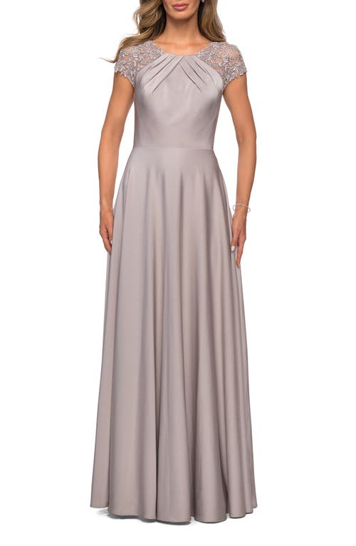 La Femme Long Satin Dress With Sheer Floral Lace Cap Sleeves In Silver