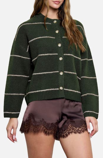Blu Pepper Stripe Crewneck Cardigan In Hunter Green